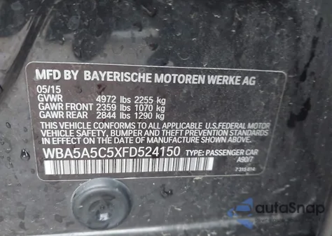 2015 BMW 528I из США, поврежденный, VIN WBA5A5C5XFD524150